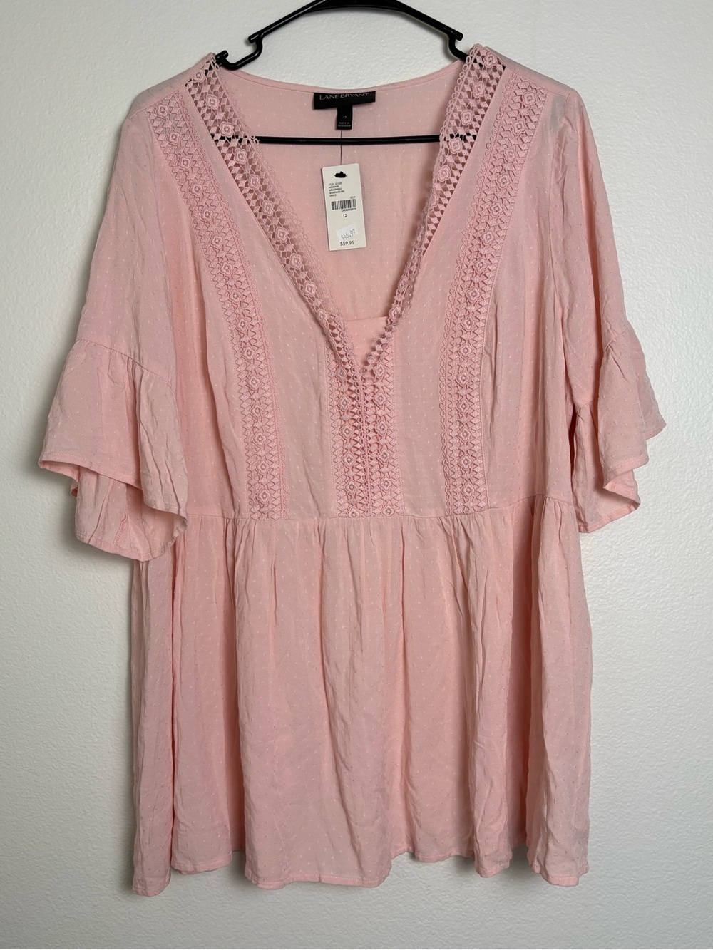 Lane Bryant Pale Pink Crochet V-Neck Peasant Blouse Size 12